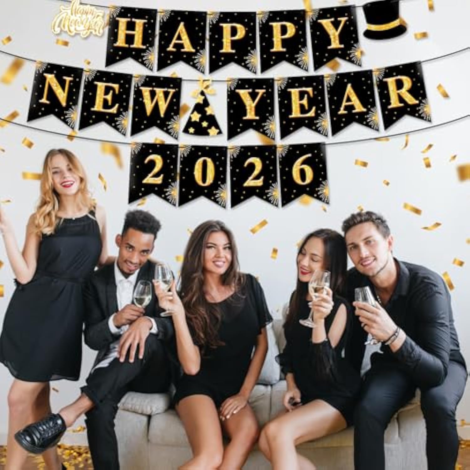 2026 Happy New Year Banner Black Gold Party Decoration Sign