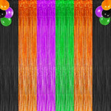 3 Pack Halloween Foil Fringe Curtains Backdrop Black Orange Purple Green Decor