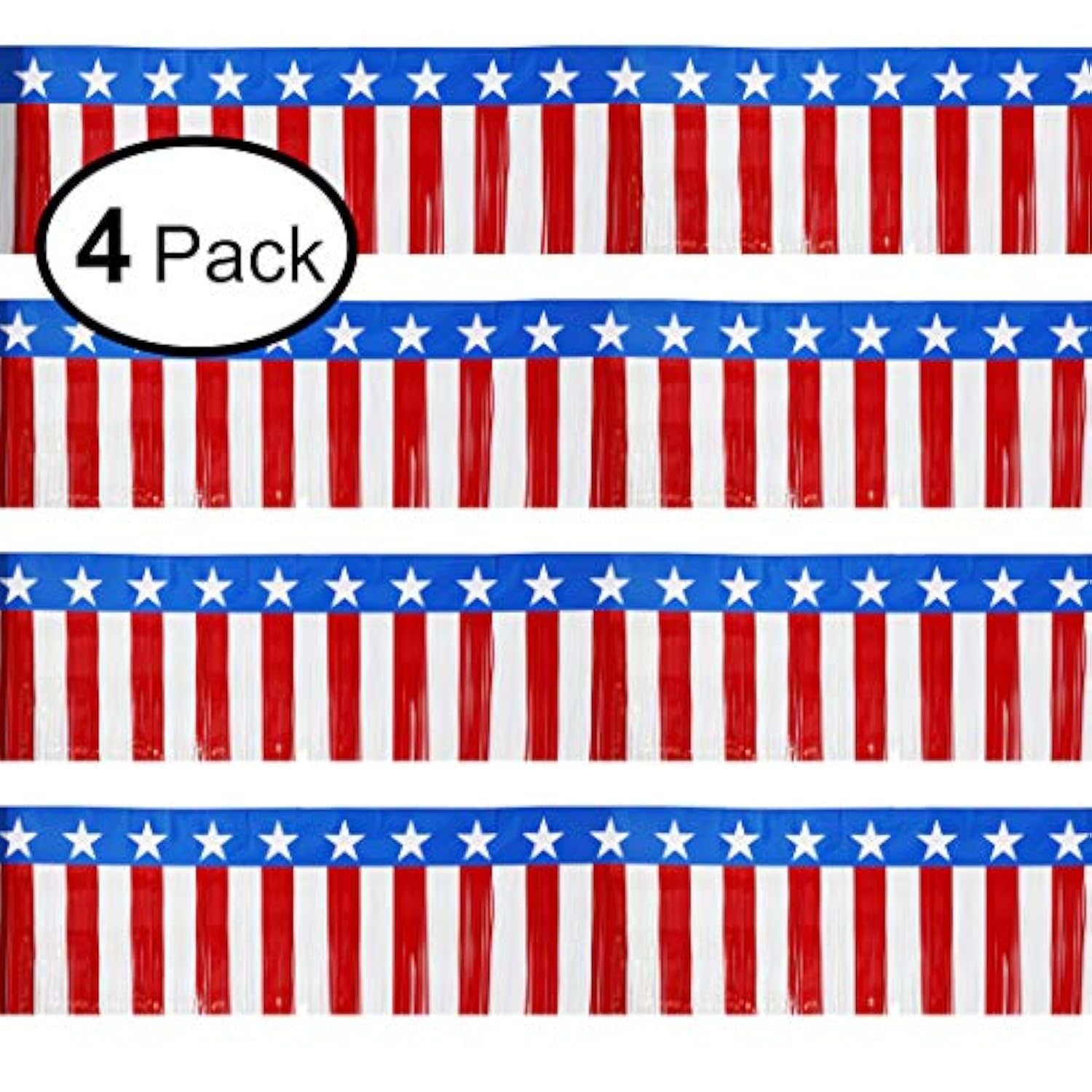 Parade Floats Foil Fringe Skirting Decorations - Pack Of 4 - Each 15" X 10 Feet American Flag Stripes And Stars Metallic Tinsel Patriotic Garland For 4Th Of July, Homecoming Or Christmas Float (4)