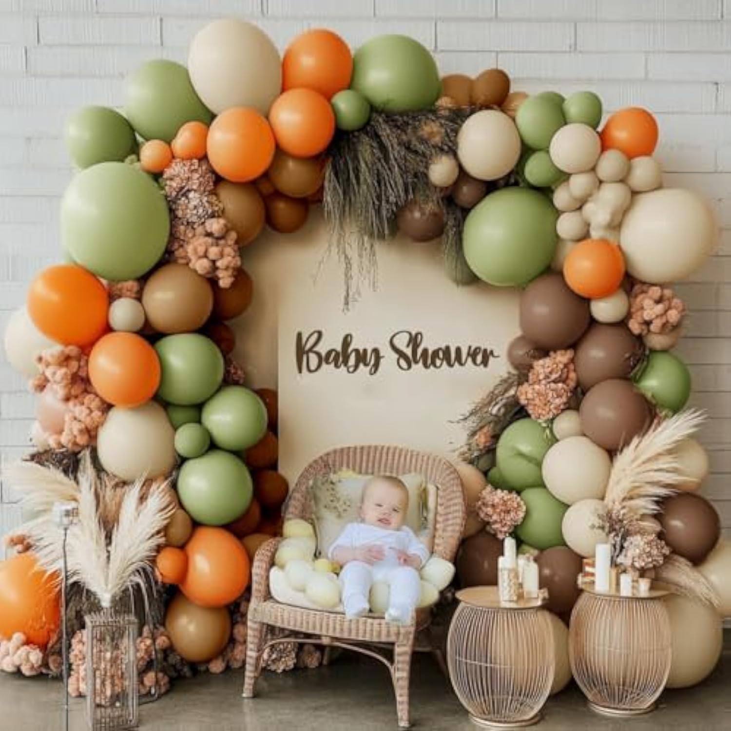 Green Orange Brown Balloon Arch Kit with White Sand Balloons for Fall Baby Shower