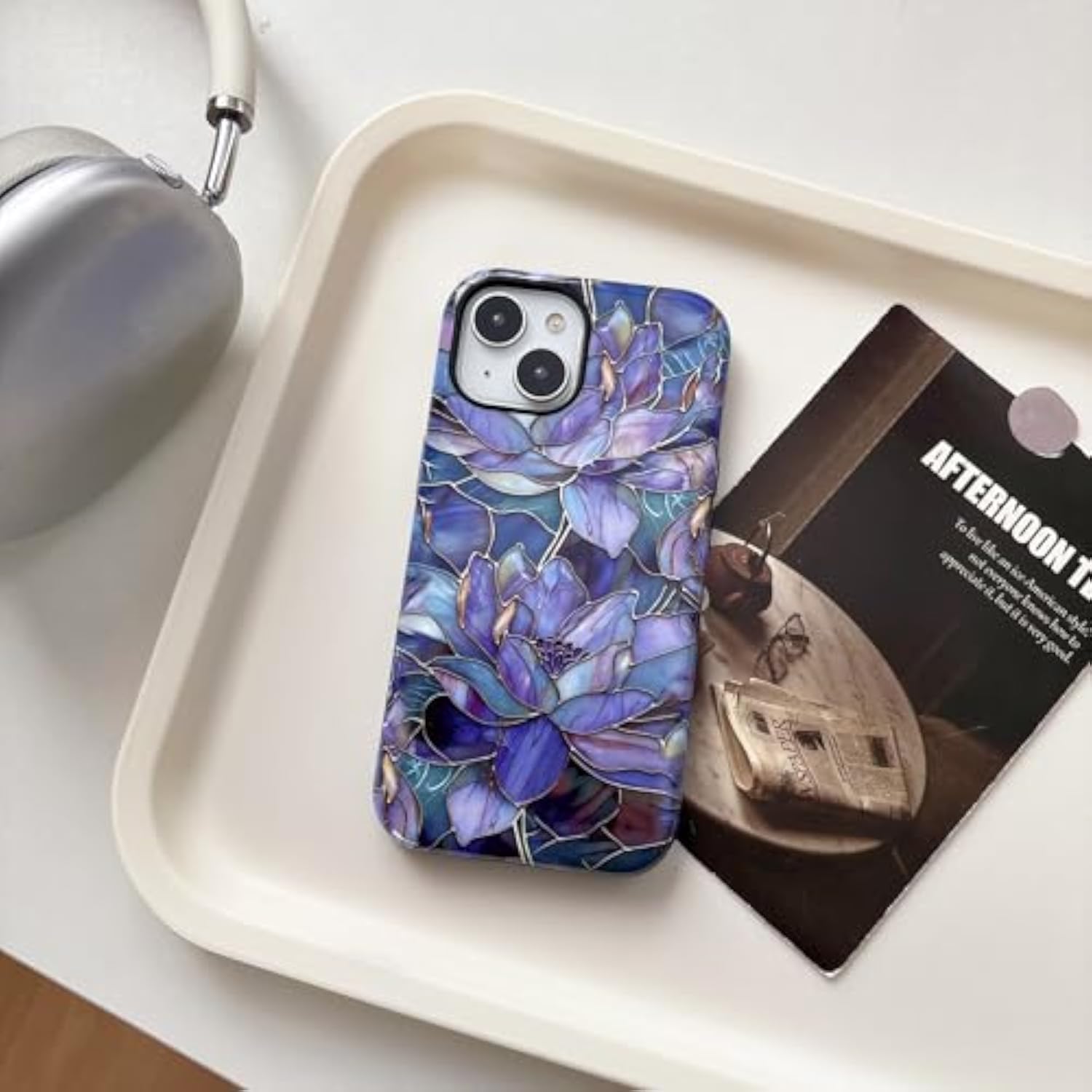 Purple Lotus Flower Case for iPhone 15, Aesthetic Cute Floral Phone Case for Women, Protective Hybrid 2-Layer Hard Shell Silicone Cover Durable Shockproof Phone Cover