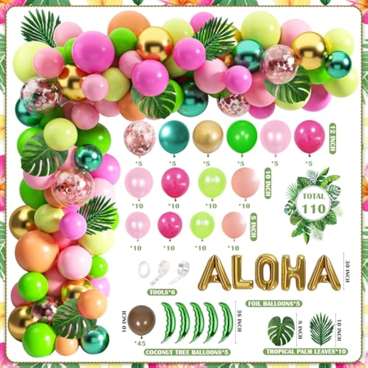 163PCS Tropical Luau Balloon Garland Kit with Palm Leaves, Flamingo & Aloha