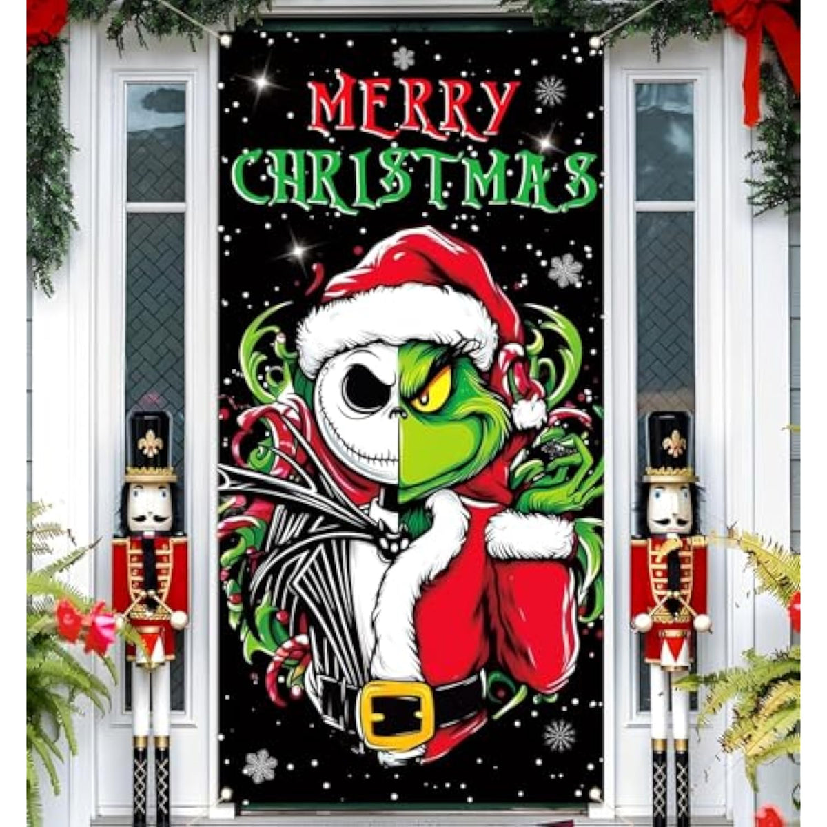 Merry Christmas Door Cover Jack Skellington Halloween Decoration Front Porch Banner Decor