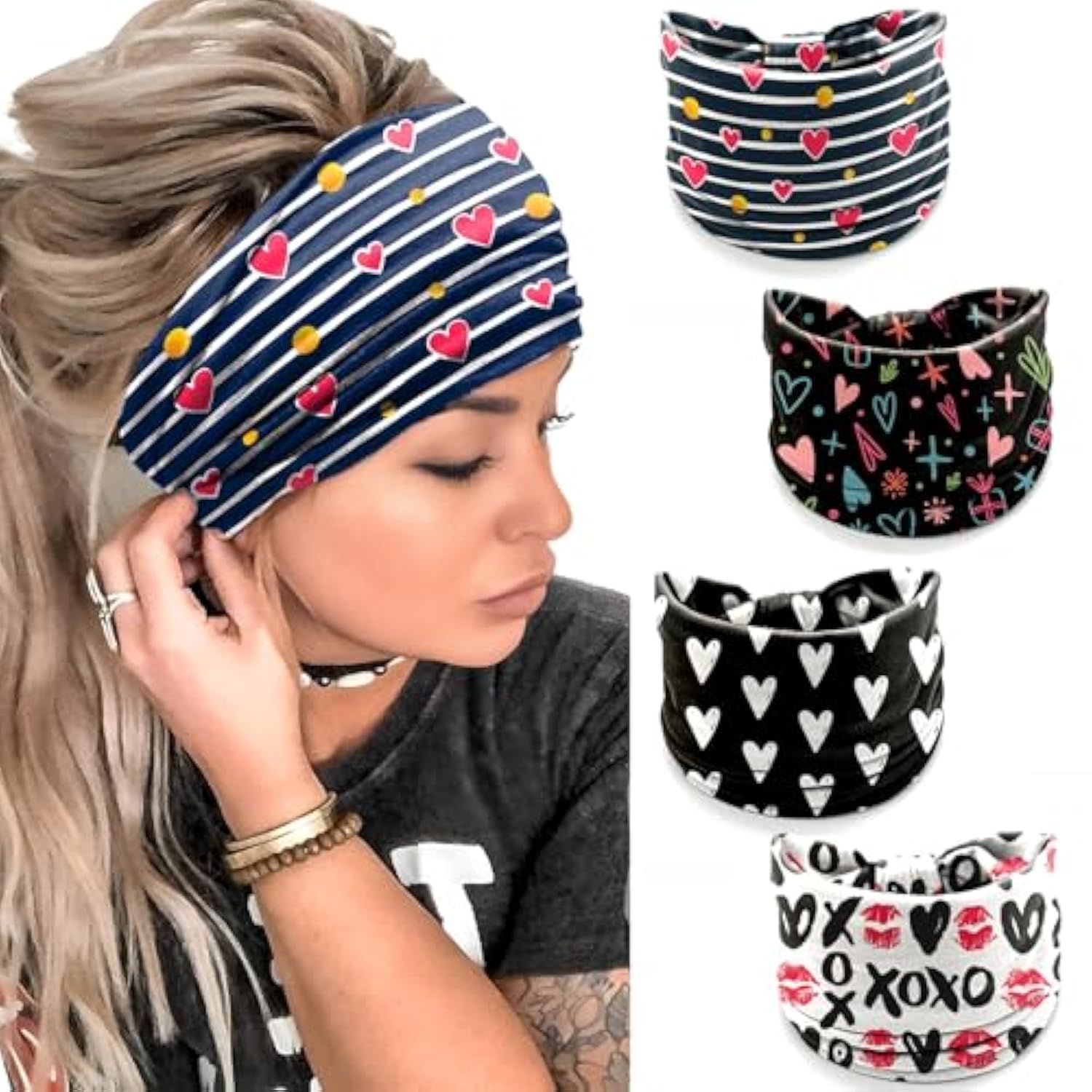 4 Pcs Valentine'S Day Headbands For Women, Black White Wide Turban Dress Up Costume Breathable Stretchy Non Slip Head Wrap, Love Heart Pattern Holiday Fall Winter Hair Band For Yoga Running Party