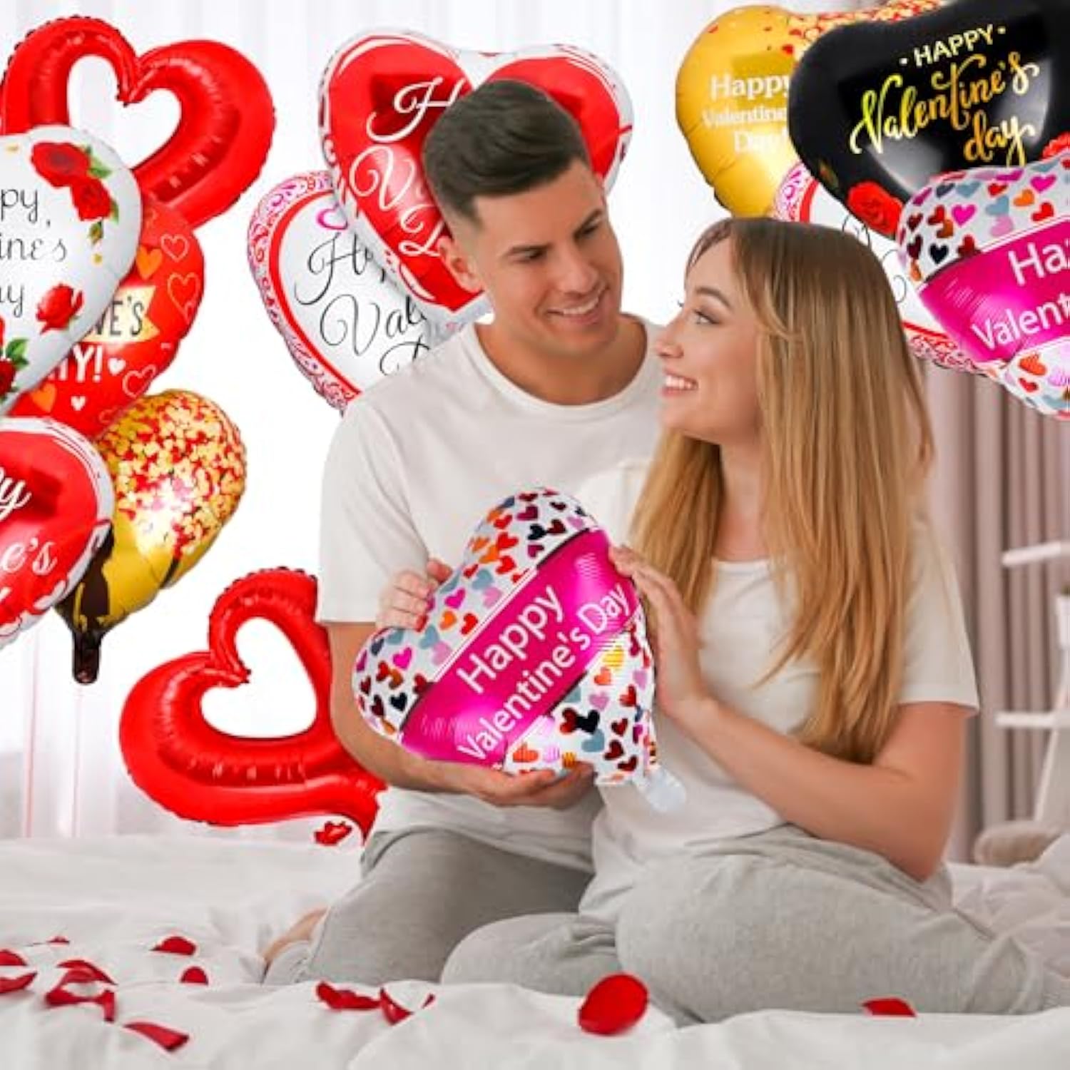 20 Happy Valentines Day Balloons - Red And Pink Aluminum Foil Heart Shaped Balloons With 'I Love You' Message And Ribbon For Wedding Decor And Romantic Photo Props