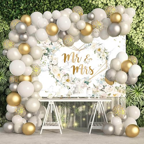 7x5ft White Floral Mr and Mrs Floral Bridal Shower Backdrop