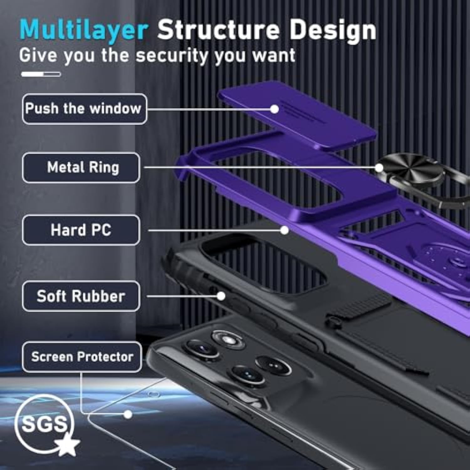 Compatible With Moto G Stylus 5G 2025 Case Built In Slide Camera Lens Cover+Screen Protector+Finger Ring Holder Kickstand,Heavy Duty Shockproof Full Body Protective Phone Cover,Purple