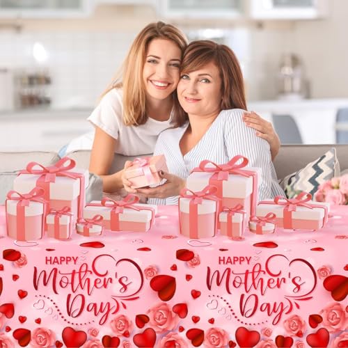 3Pcs Mothers Day Decorations Tablecloth, Happy Mothers Day Tablecloth Pink Rose Heart Disposable Waterproof Plastic Table Covers for Mother's Day Table Decorations