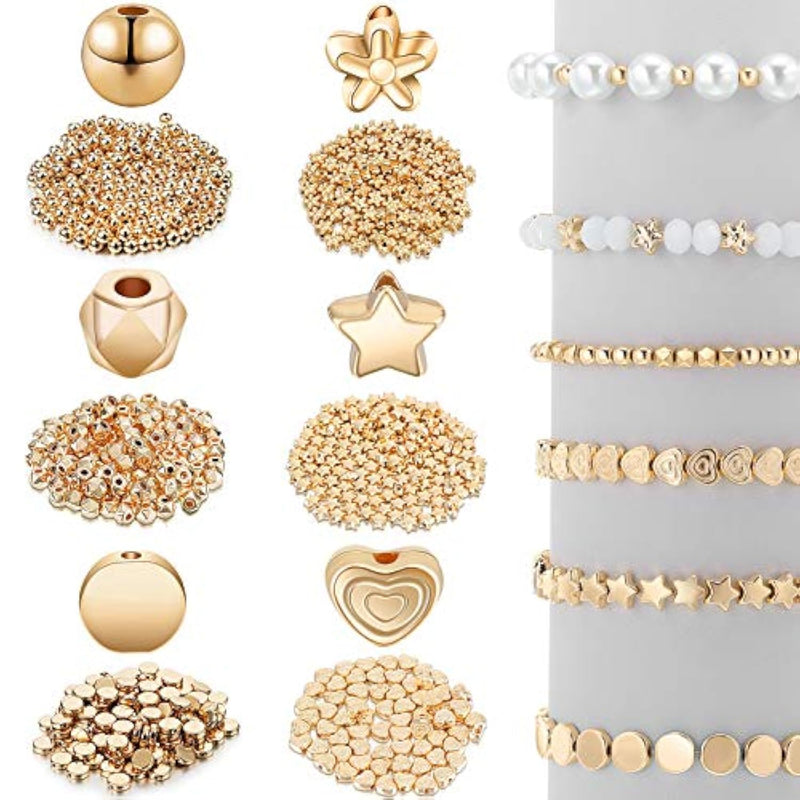 1200 Pieces Spacer Beads Set Star Round Ball Rondelle Faceted Spacer Heart Flower Flat Disc Loose Beads For Bracelet Charms Jewelry Making(Gold)