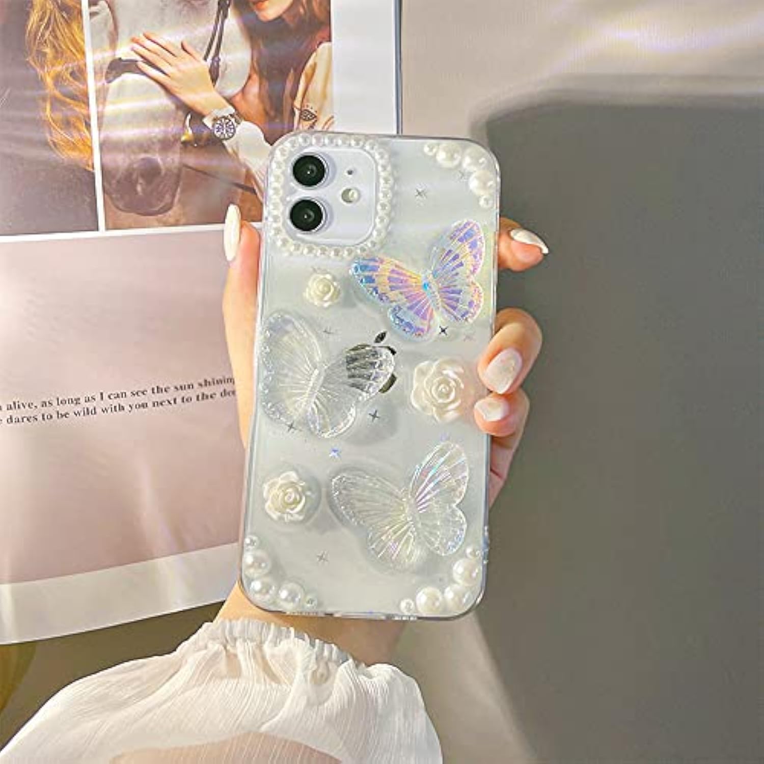 For Iphone Se (2022/2020 Release) /7/8 Case With Pearl Phone Charm Chain 3D Butterfly Flower Cute Glitter Phone Case Aesthetic Crystal Clear Floral Case For Iphone Se/7/8 Women Girl