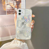 For Iphone Se (2022/2020 Release) /7/8 Case With Pearl Phone Charm Chain 3D Butterfly Flower Cute Glitter Phone Case Aesthetic Crystal Clear Floral Case For Iphone Se/7/8 Women Girl