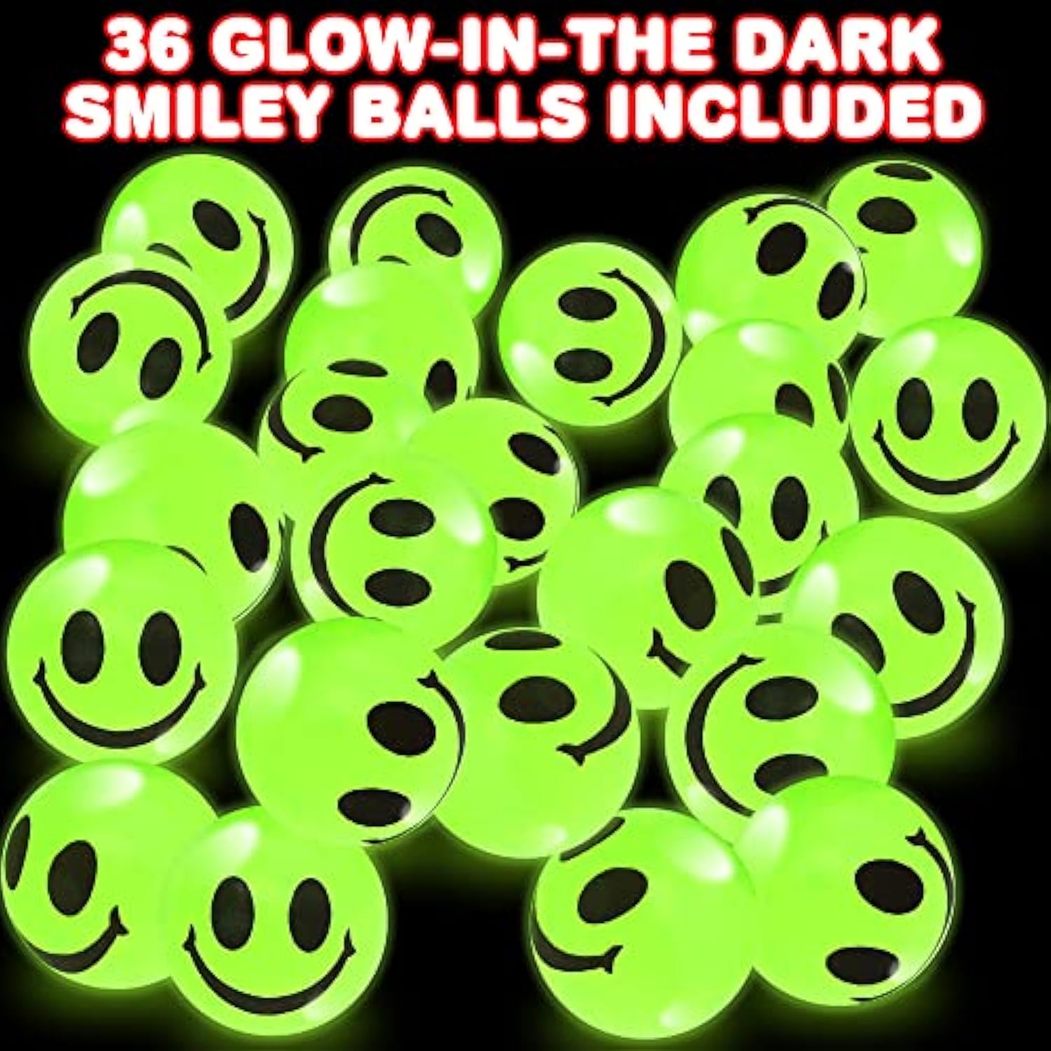 Glow In The Dark Smile Face Bouncy Balls - Bulk Pack Of 36, 1 Inch High Bounce Balls For Kids, Christmas Party Favors, Goodie Bag Stuffers For Boys And Girls