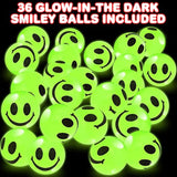 Glow In The Dark Smile Face Bouncy Balls - Bulk Pack Of 36, 1 Inch High Bounce Balls For Kids, Christmas Party Favors, Goodie Bag Stuffers For Boys And Girls