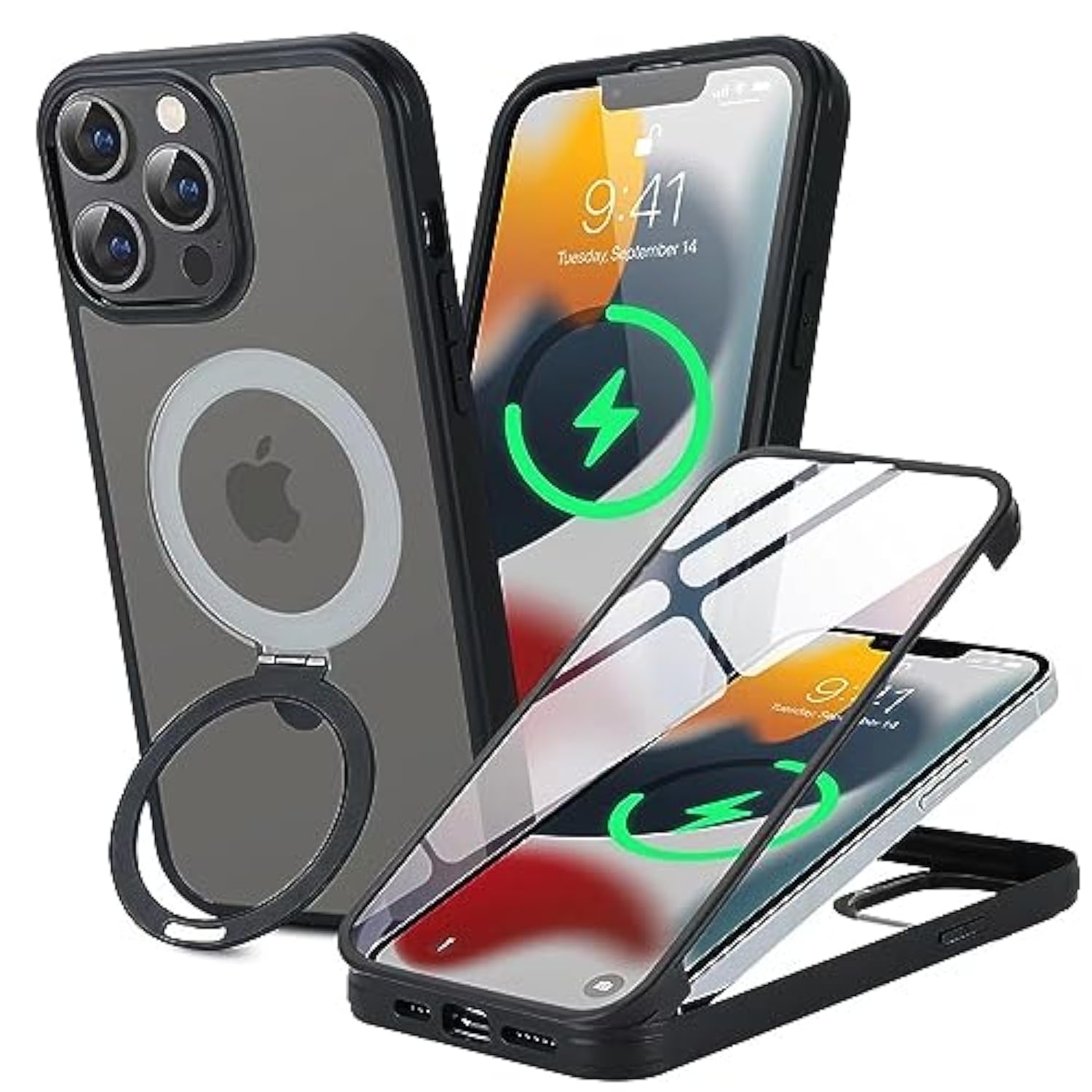 For Iphone 13 & Iphone 14 Case, Compatible With Magsafe, For Iphone 14 Case With Screen Protector, Stand Protective Magnetic Phone Cover-Black