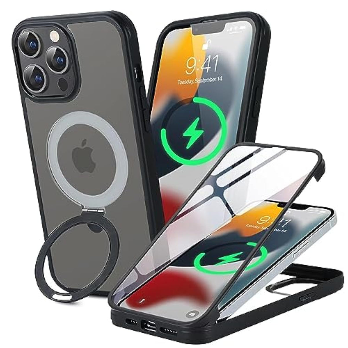 For Iphone 13 & Iphone 14 Case, Compatible With Magsafe, For Iphone 14 Case With Screen Protector, Stand Protective Magnetic Phone Cover-Black