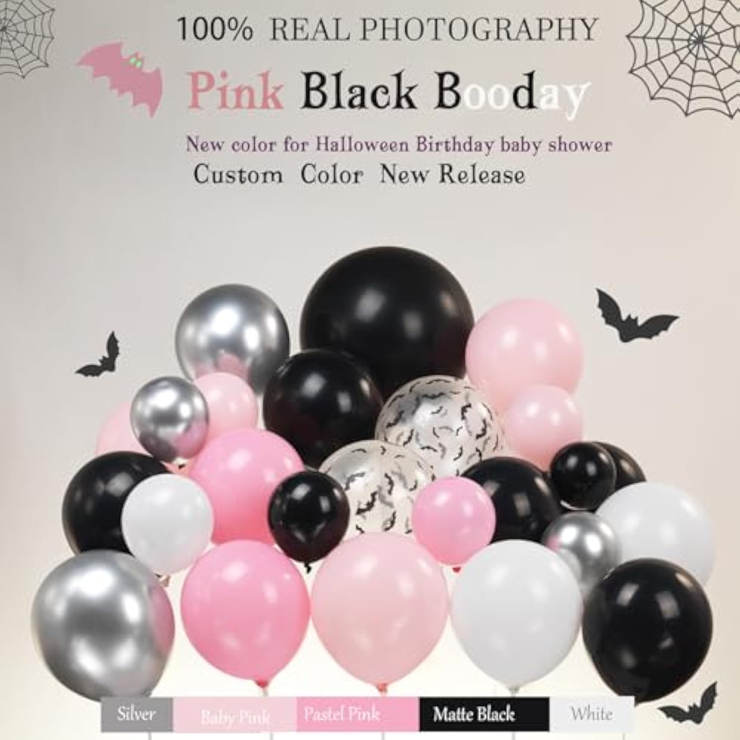 130Pc Halloween Balloon Arch Kit – Pink Black Silver White with Ghost & Hat