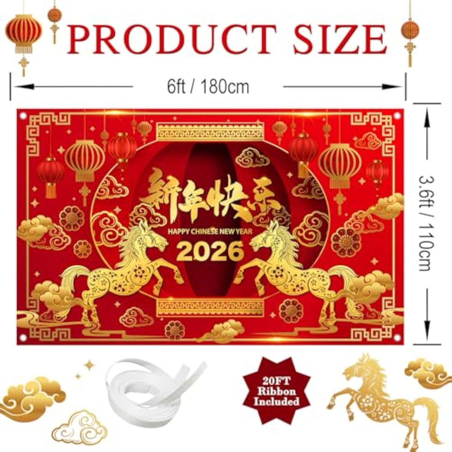 2026 Chinese New Year Banner Year of the Horse 70.8x43.3in Backdrop
