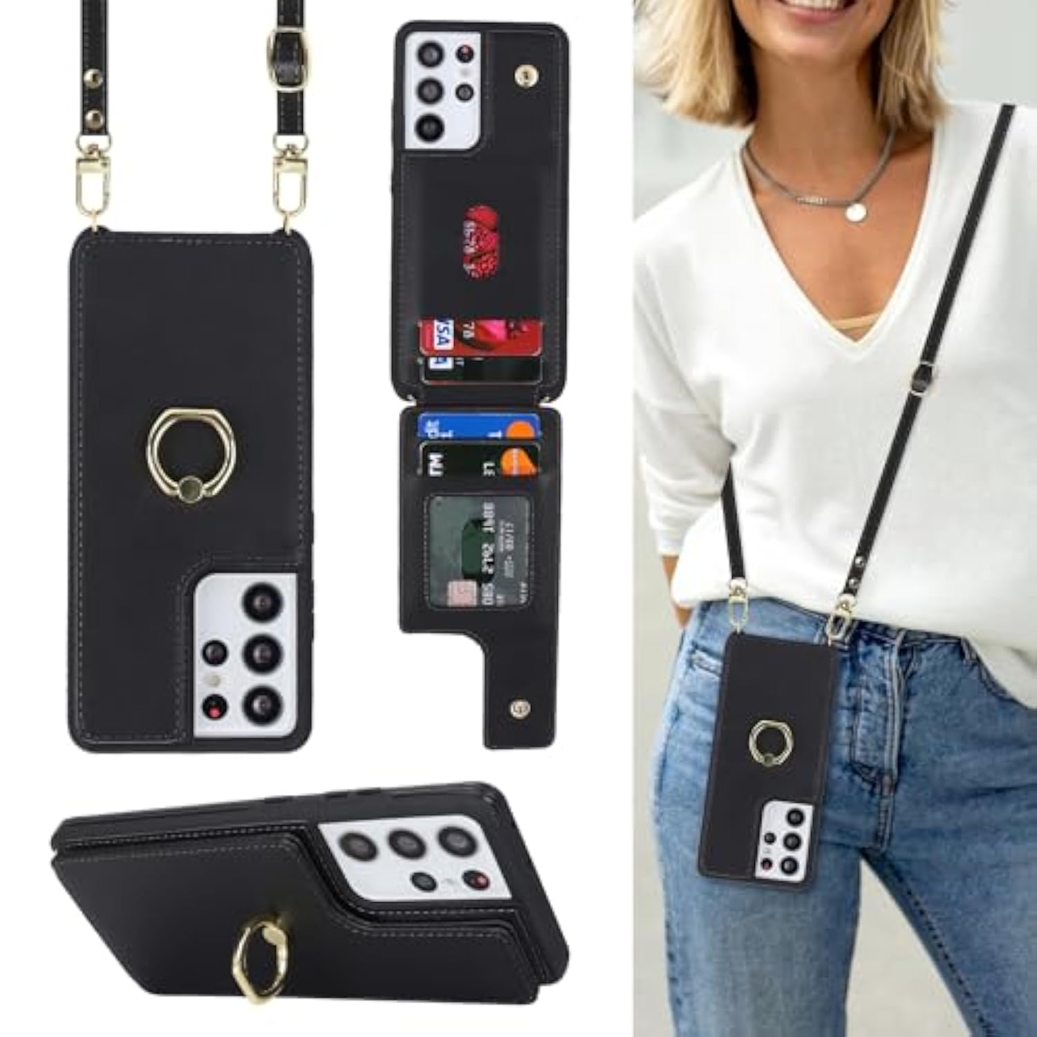 For Samsung Galaxy S21 Ultra Case With Card Holder And Strap For Women,Crossbody Lanyard,Ring Stand,Snap Clasp,Phone Wallet Cases 6.8 Inch(Black)