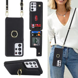 For Samsung Galaxy S21 Ultra Case With Card Holder And Strap For Women,Crossbody Lanyard,Ring Stand,Snap Clasp,Phone Wallet Cases 6.8 Inch(Black)