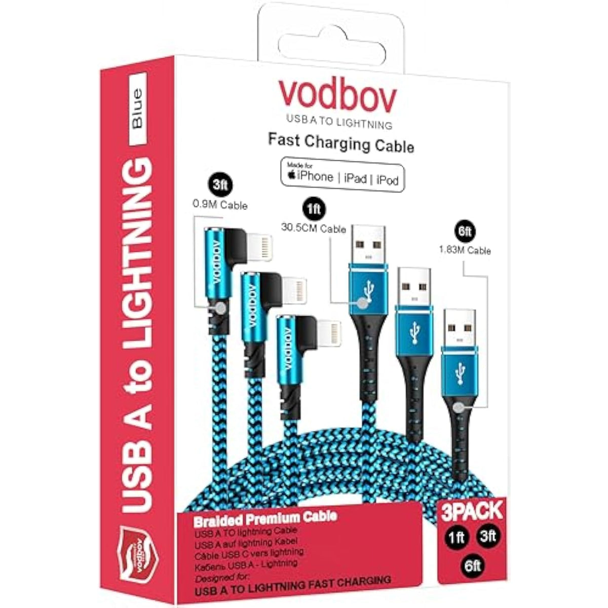 3-Pack Lightning Cable, [6Ft+3Ft+1Ft] Usb A To Lightning Cable Fast Charging & Data Transfer, Durable Blue Braided Apple Certified Iphone Charger Cable, Right Angle Lightning Cable For Iphone