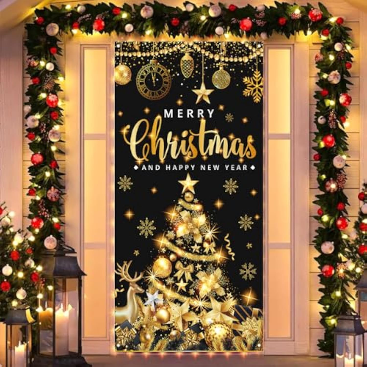 Large Size Merry Christmas & Happy New Year Party Banner, Black Gold, 71X35 Inches