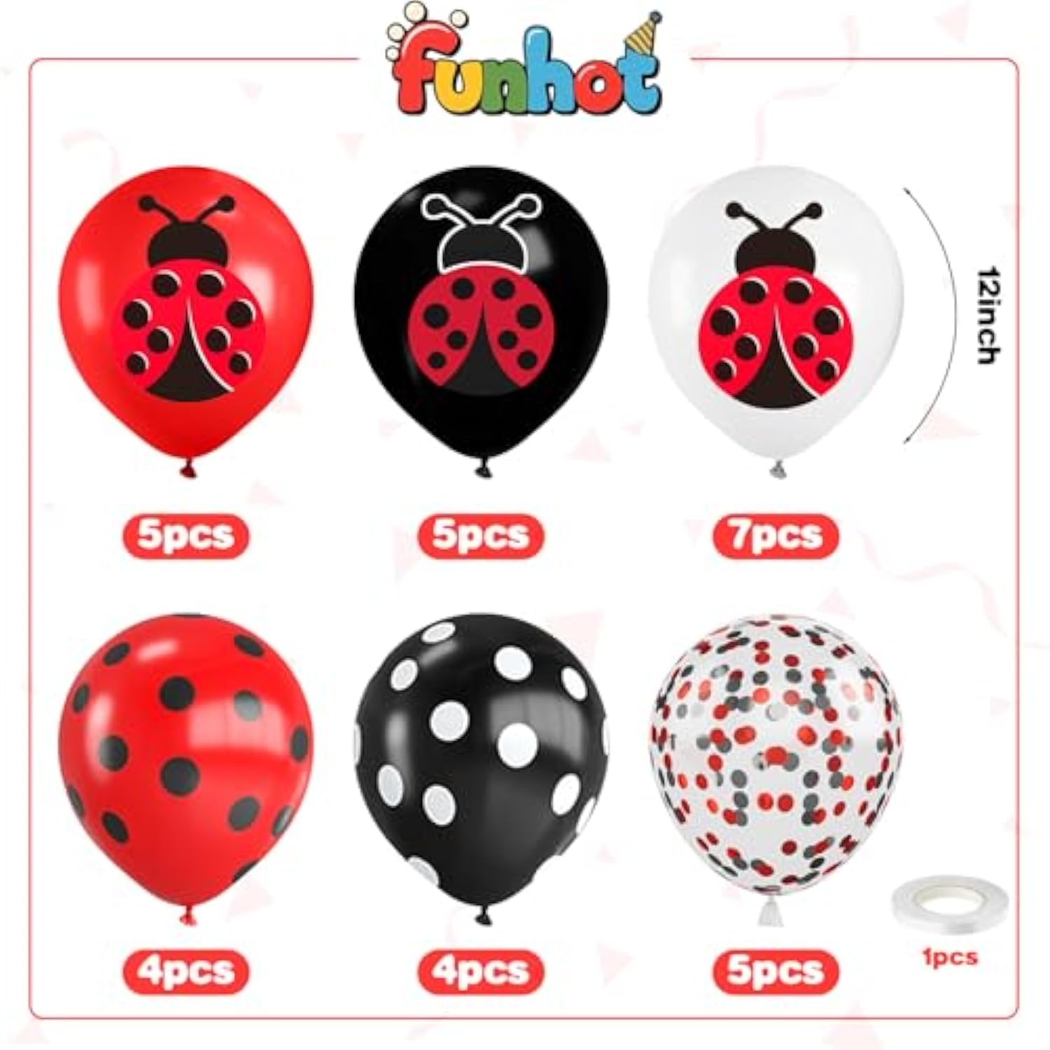 Ladybug Balloons,12 Inch Ladybug Print Red Black White And Polka Dots Balloon With Red Black Confetti For Ladybug Birthday Baby Shower Theme Party Decorations