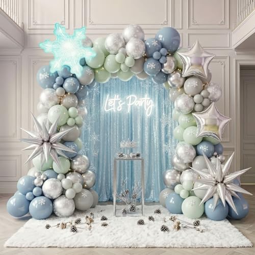 Winter Wonderland decorations with Dusty Blue Green Silver Gray Balloon arch & Foil Star balloons Artificial Snowflakes for baby its cold outside birthday Christmas new year eve party decorations