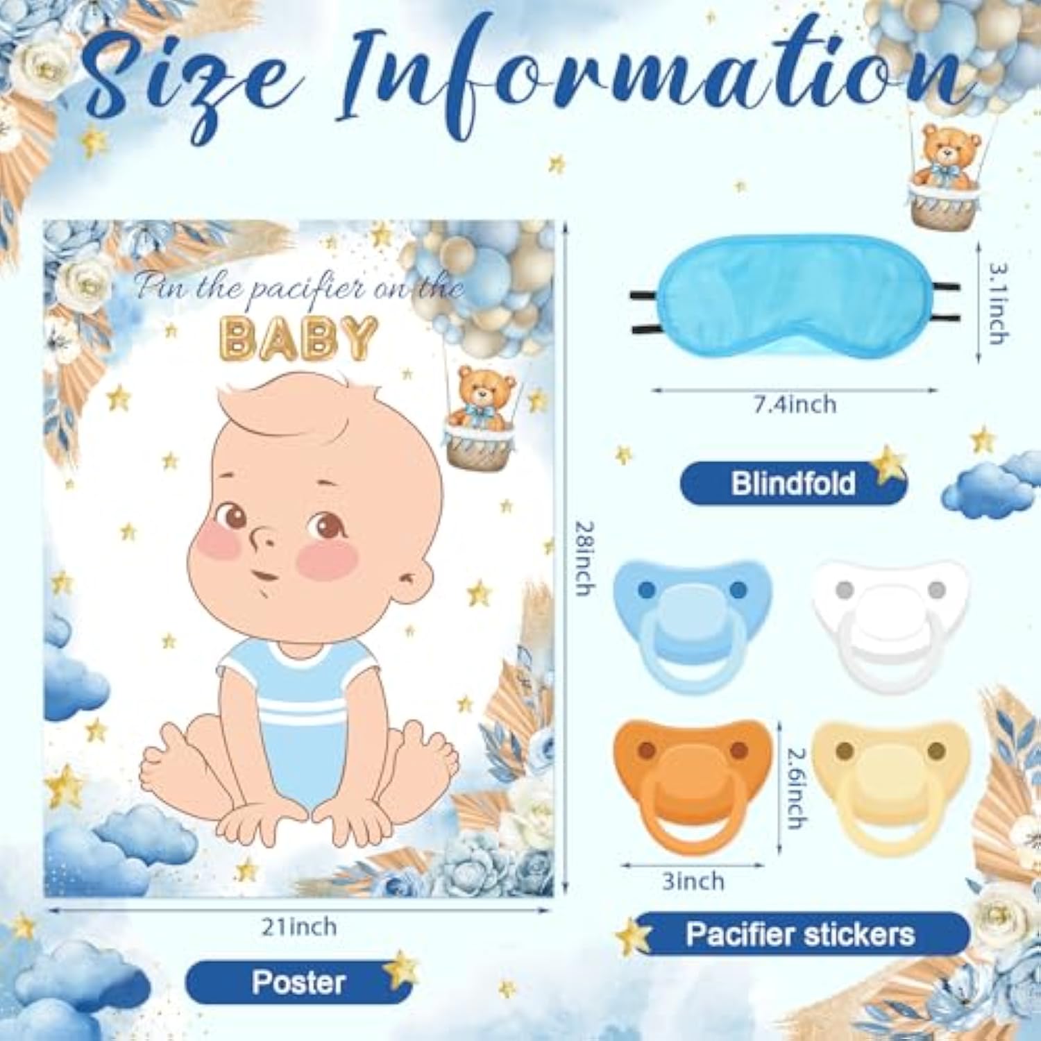 Pin The Pacifier Baby Shower Games Bear Baby Shower Decorations Include Large Poster 24 Stickers Blindfold Pin The Pacifier Game For Blue Bear Birthday Party Decorations Activities Supplies