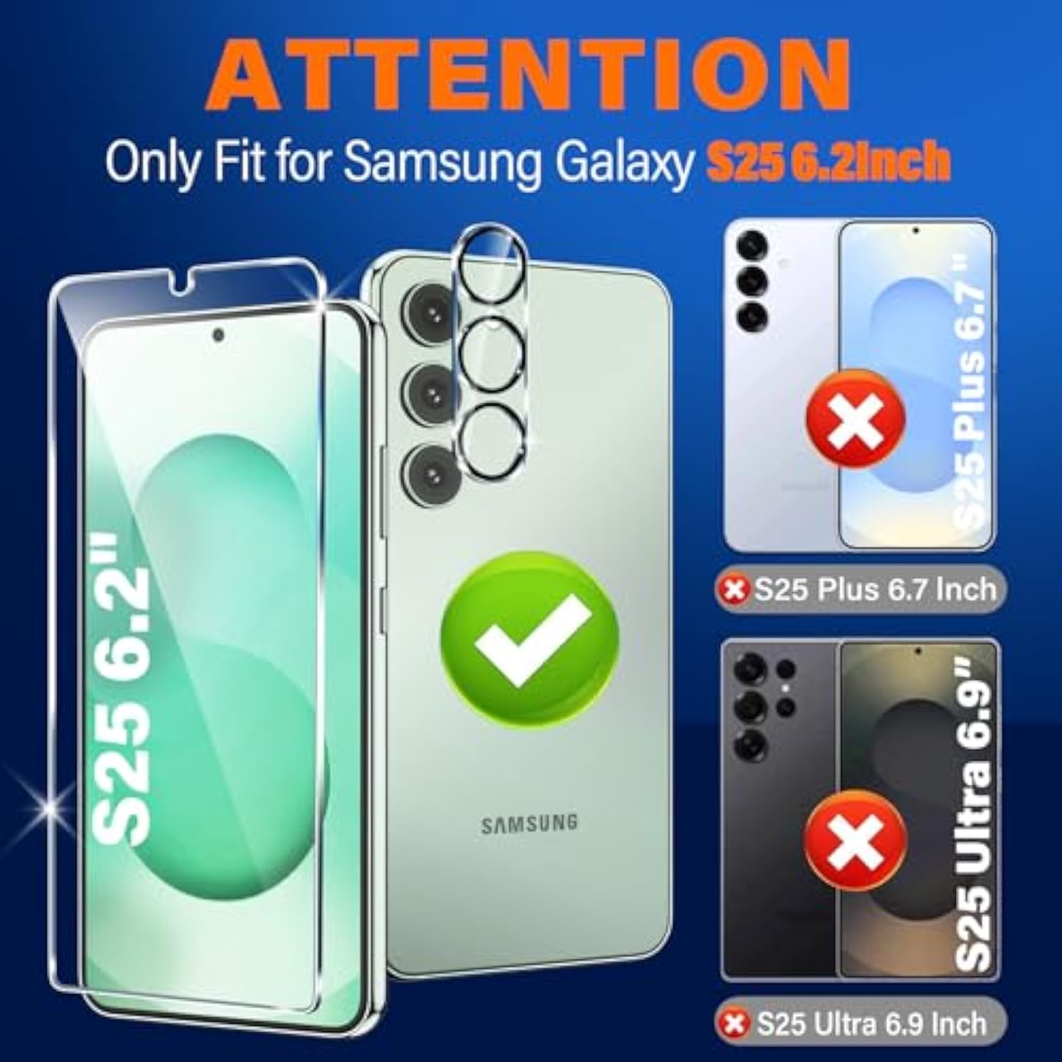 3-Pack Screen & 3-Pack Camera Protector for Samsung S25 [6.2"], 9H Glass, HD Clear, Case Friendly