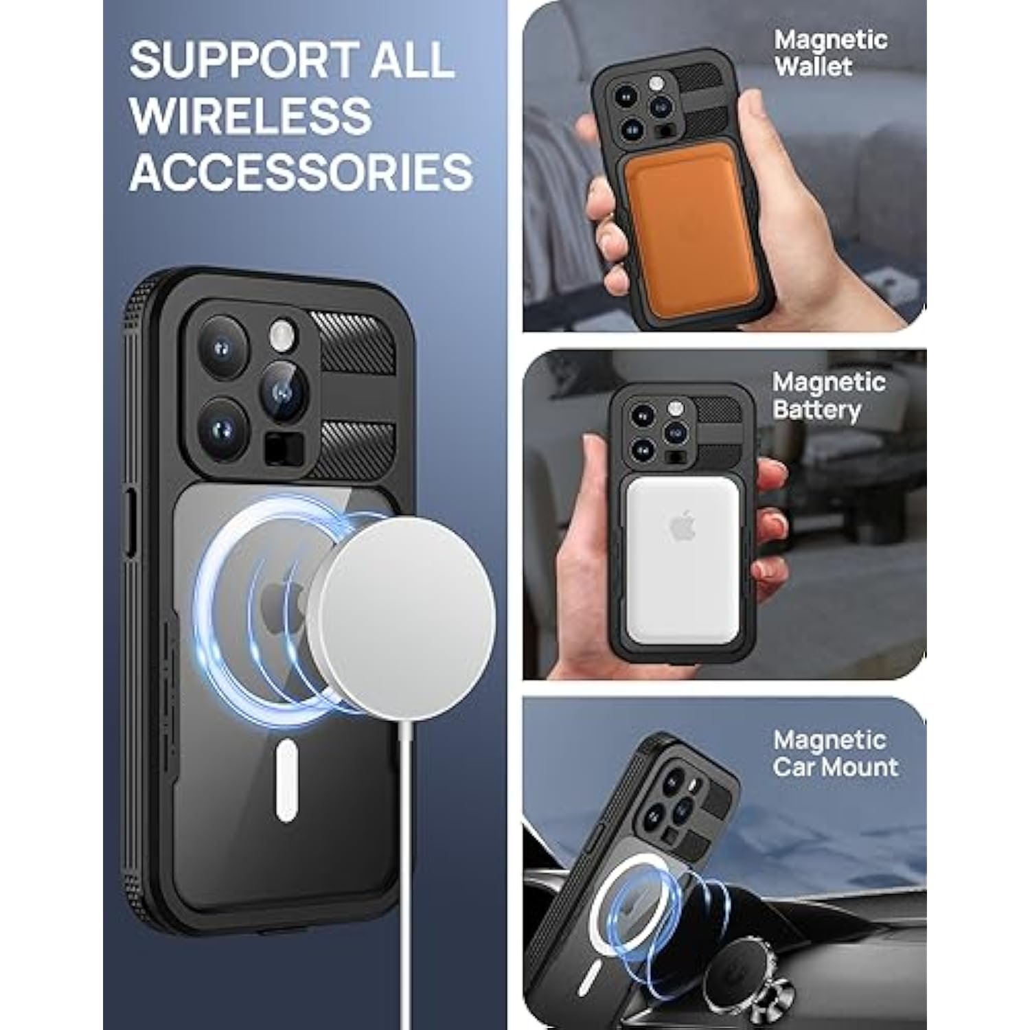 Magnetic For Iphone 15 Pro Max Case, Ip68 Waterproof Dustproof Case, [Compatible With Magsafe] [Built-In Screen Protector] Full Body Heavy Duty Rugged Phone Cover 6.7 Inch, Black/Clear