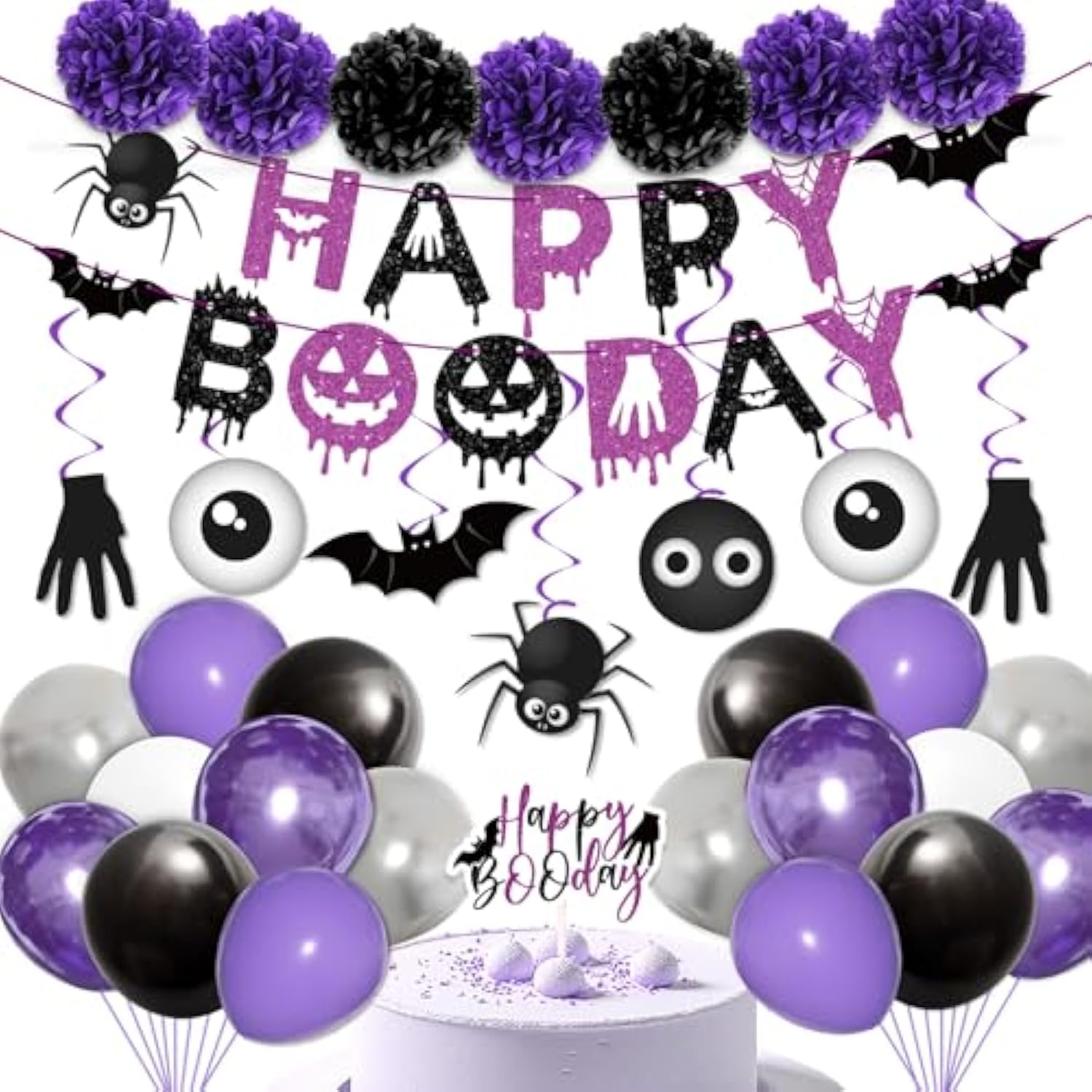 Halloween Party Decorations - Balloon Banner, Paper Pompoms, Cake Topper & Hanging Swirls