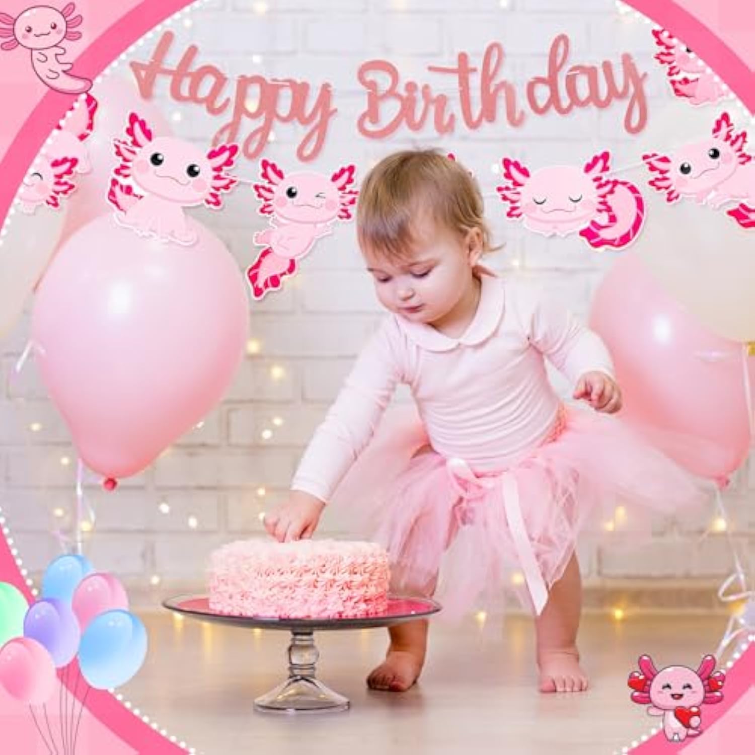 2 Pcs Axolotl Birthday Banner Decorations Axolotl Birthday Party Favors Cute Cartoon Garland Sign Pre Strung For Party Ocean Animal Reptile Party Supplies(Pink)