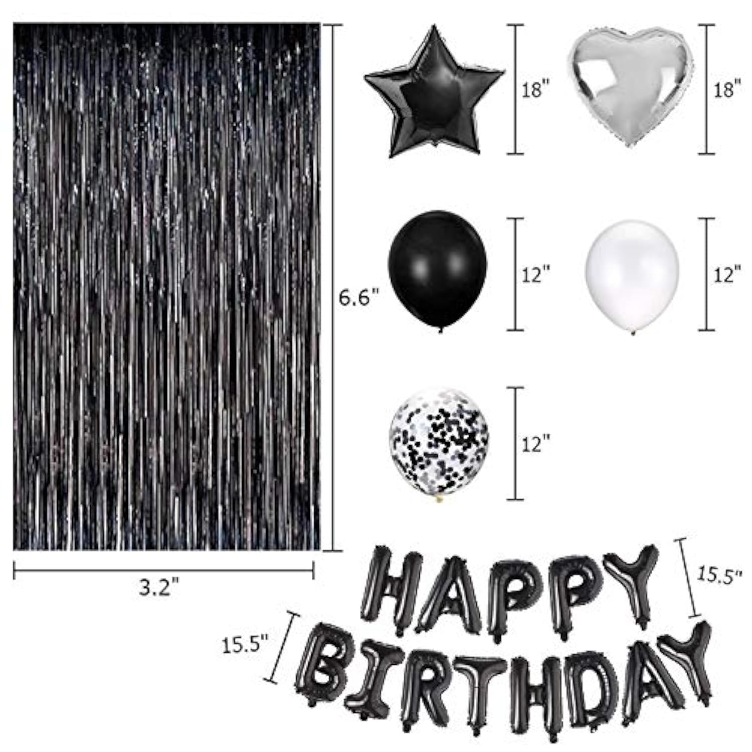 Birthday Party Decorations Happy Birthday Balloons Banner With Black And White Balloons Set, Black Foil Fringe Curtain For Men Women Adults Birthday Party (Black?