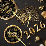 Happy New Years Decorations - 96 Pcs Cheers To 2026 Eve Plates And Napkins Forks Tableware Black And Gold Paper Disposable Dessert Dinner Dinnerware Party Supplies Set Gift Serve 24 Guests