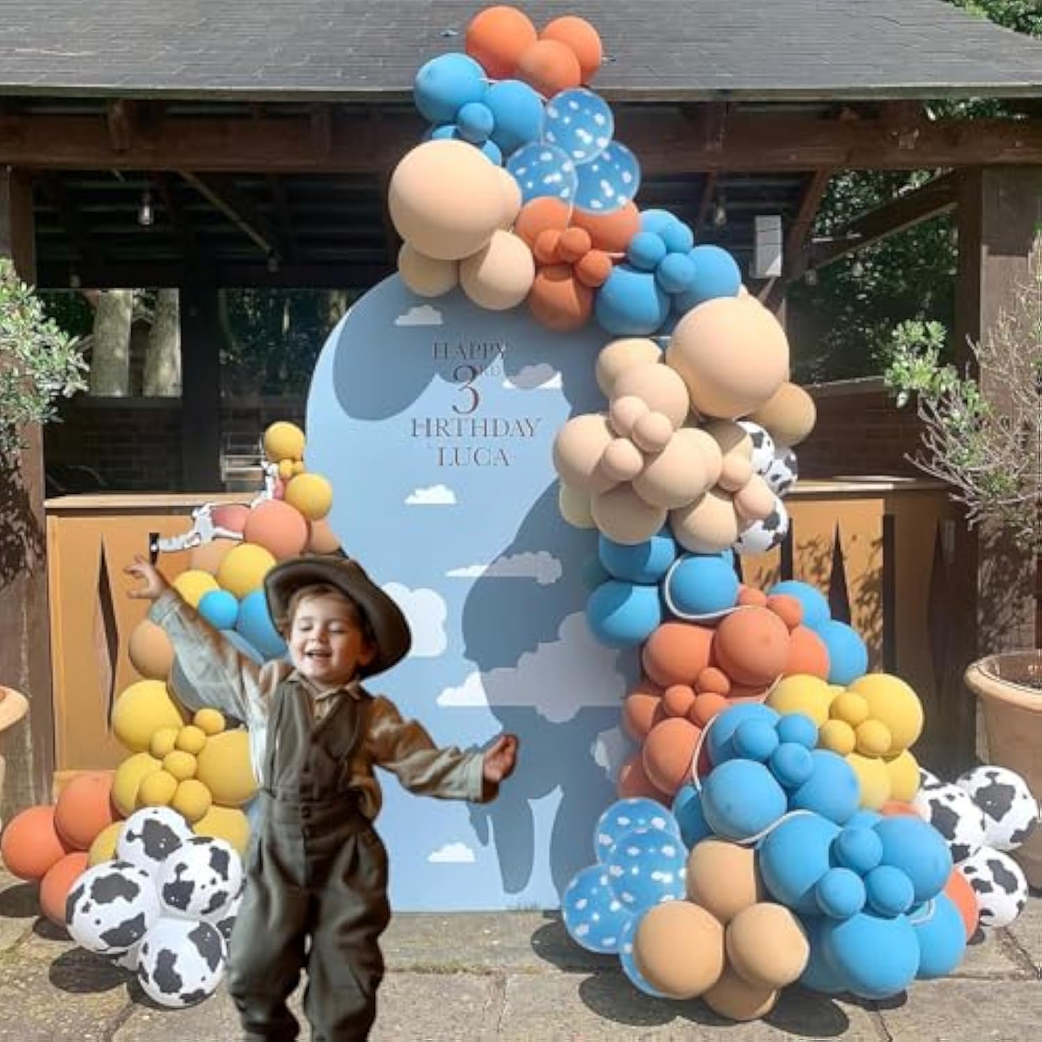 Cowboy Theme Balloon Arch Garland Kit, 131Pcs Brown, Nude, Mustard Yellow, Blue, Cloud Print And Cow Print Balloons For Baby Shower, First Rodeo Birthday, Farm Party, Toy Theme Decorations