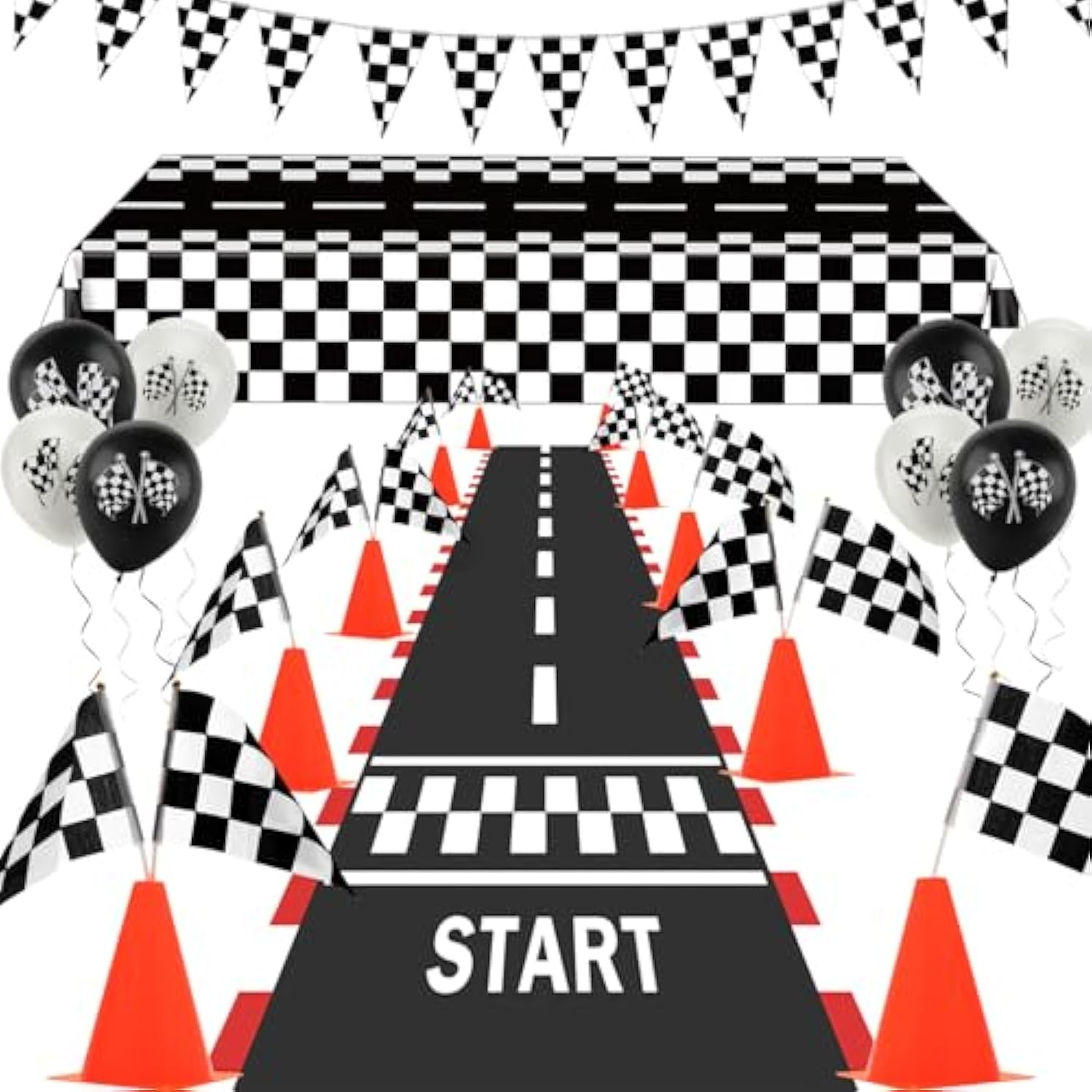 Race Car Party Decorations, 61 Pcs Set-12 Traffic Cones And 24 Racing Checkered Flags, 6.5Ft Racetrack Floor Runner And 9.8Ft Checkered Race Track Banner, Tablecloth, Balloons And Ribbons