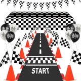 Race Car Party Decorations, 61 Pcs Set-12 Traffic Cones And 24 Racing Checkered Flags, 6.5Ft Racetrack Floor Runner And 9.8Ft Checkered Race Track Banner, Tablecloth, Balloons And Ribbons