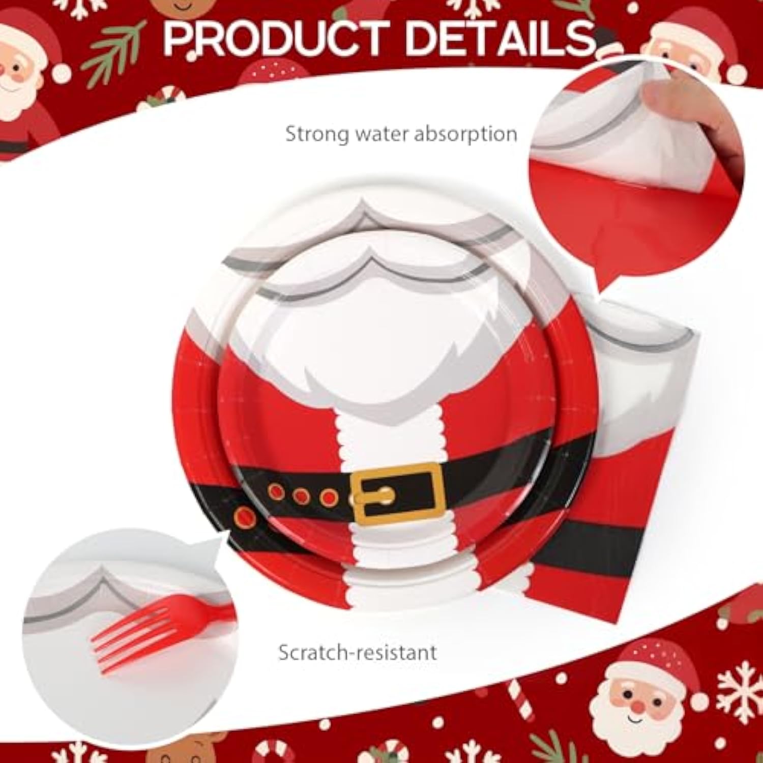 Christmas Santa Claus Paper Plates 125Pcs Red Santa Belt Party Plates, Cups, Napkins And Straw Dinner Tableware Set For 25 Guest New Year Chrismas Party Supplies Decorations