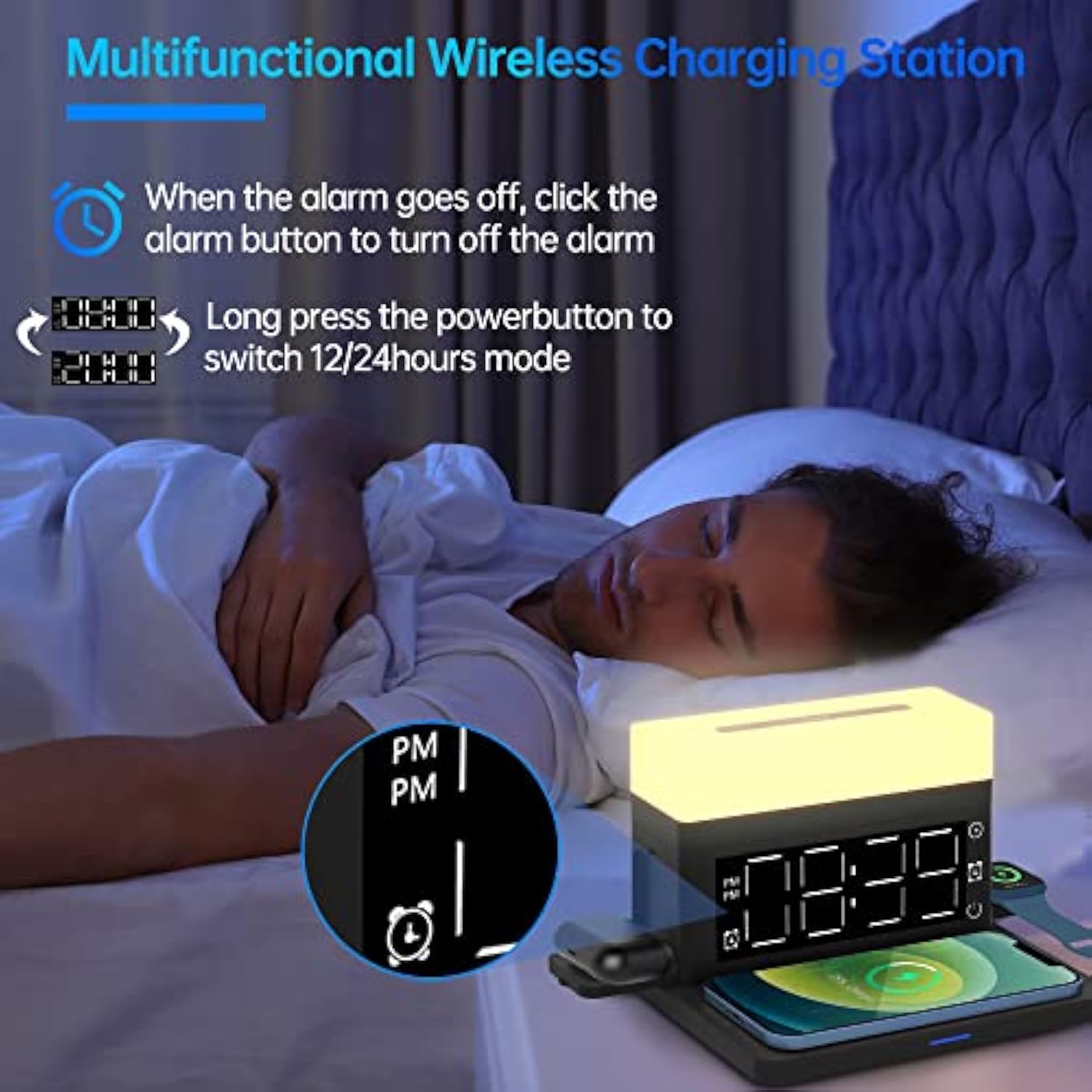 Wireless Charger,6 In 1 Wireless Charging Station With Digital Alarm Clock & Night Light,15W Fast Charger Compatible With Iphone 14/13/12/11/Xs Samsung Galaxy Airpods & Apple Watch (Black)