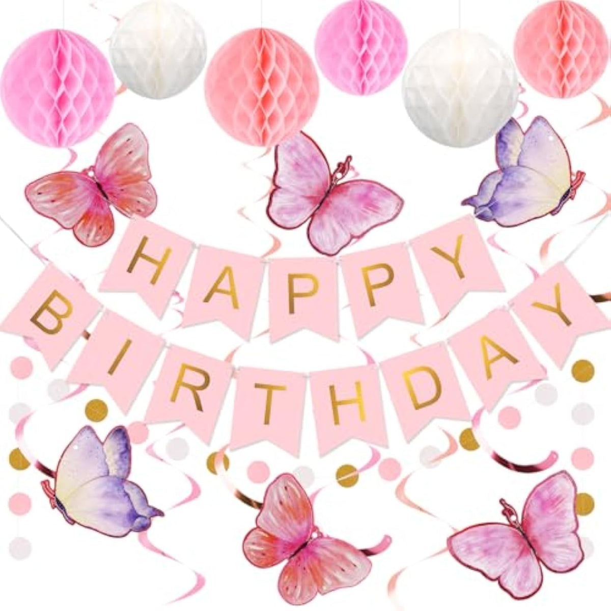 Birthday Decorations, Happy Birthday Banner With Honeycomb Balls, Butterfly Hanging Swirl Streamers, Circle Dots Garland, Happy Birthday Party Decorations For Women Men Boys Girls (Pink)