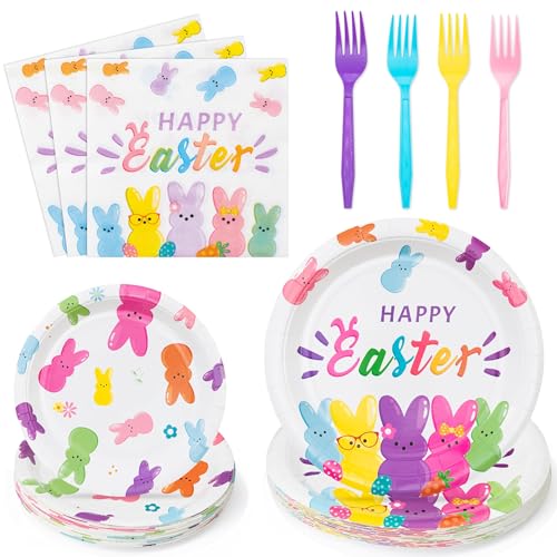 Easter Bunny Happy Easter Rabbits Party Plates Supplies - Serves 24-96Pcs Party Tableware Decorations Disposable Paper Plates Napkins Forks for Spring Birthday Baby Shower