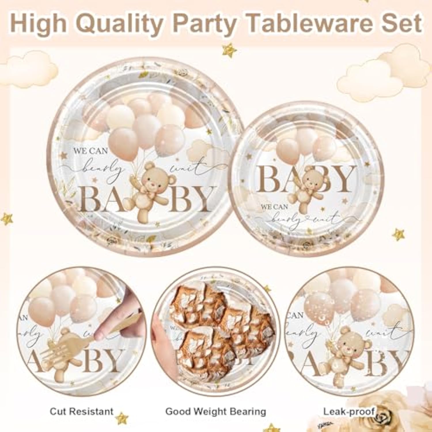 168 Pcs Bear Baby Shower Decorations Brown Bear Plates Napkins Tableware Set We Can Bearly Wait Baby Shower Supplies, Serves 24