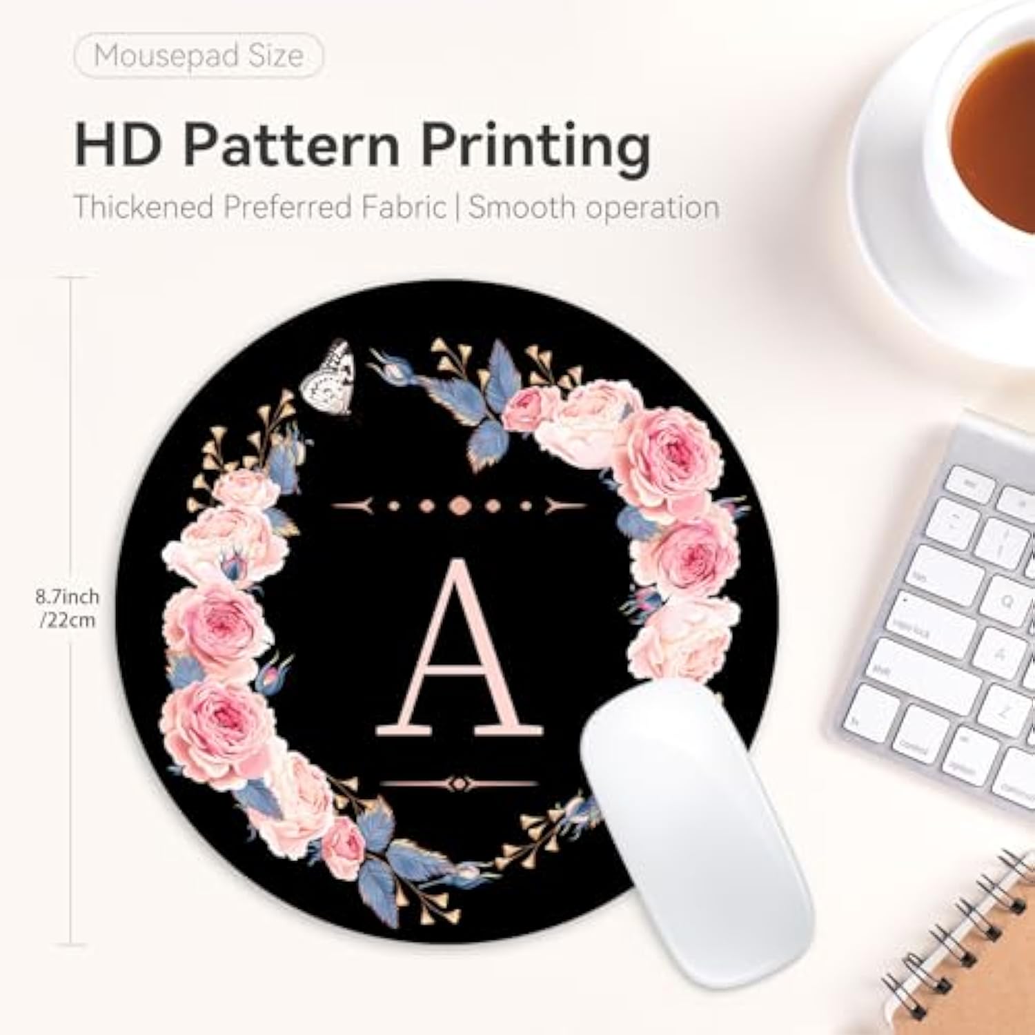 Letter A Black And Pink Flowers Round Mouse Pad,Funny Small Mouse Pad With Non-Slip Rubber Base,Mouse Mat,Home Office Decor Desk Accessories,8.7Inch Round Mouse Pad