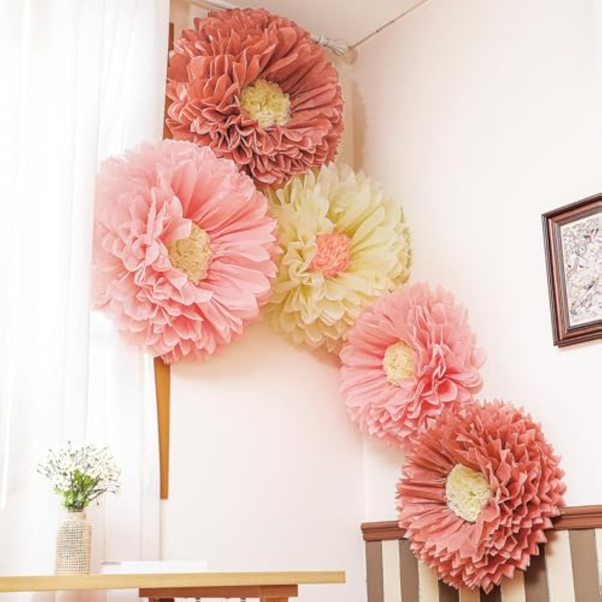 5 Pcs Gaint Boho Tissue Paper Flowers Decoration 30'' And 24'' Hanging Tissue Paper Pom Poms Decor For Boho Birthday Bachelorette Wedding Baby Shower Bridal Shower Party Decoration