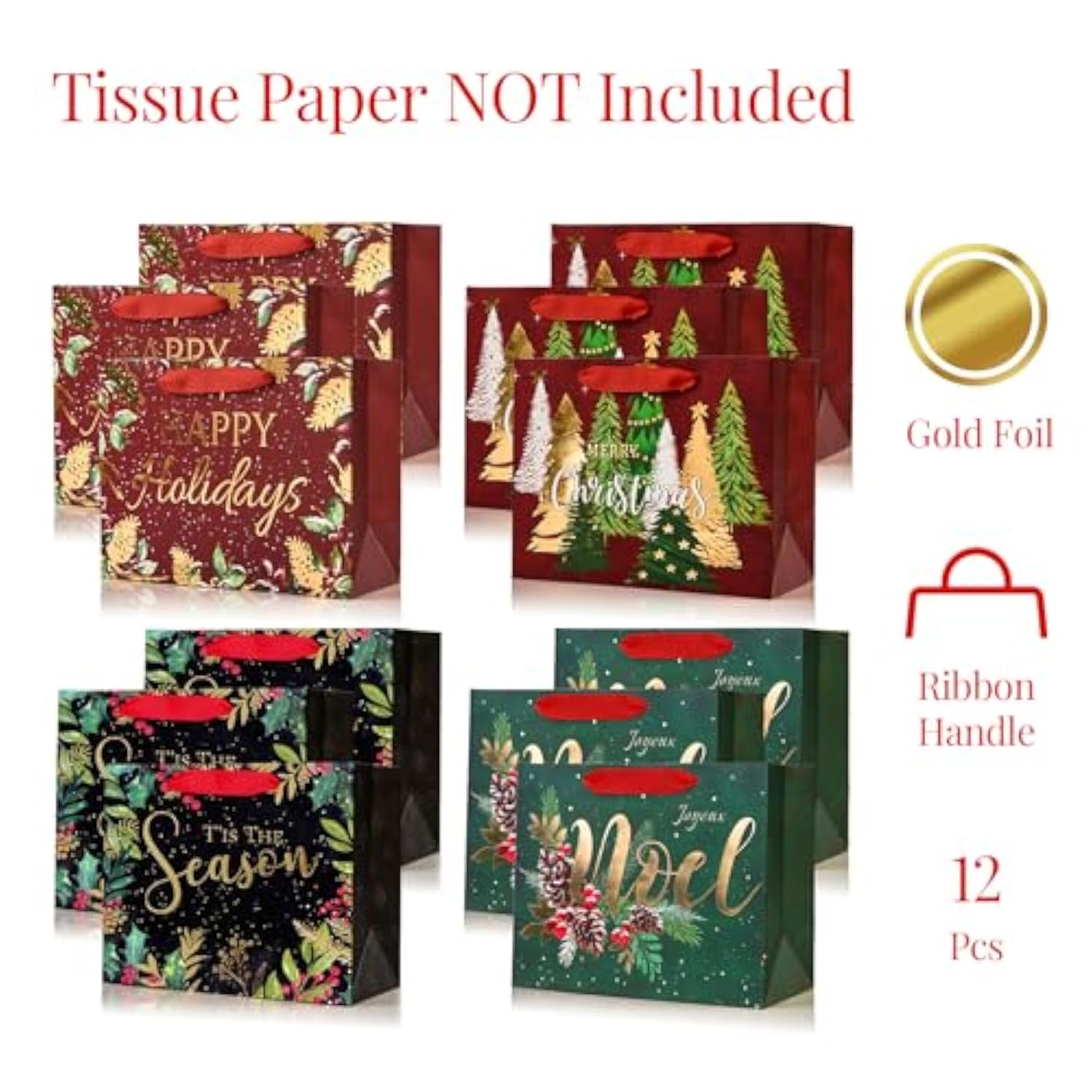 12Pcs Red Green Metallic Gold Christmas Gift Bags Bulk, Medium 9X7 In, Gilded Xmas Tree Noel Gift Wrap Bags, Mistletoe Foiled Paper Favor Bag Gift Packaging For Thanksgiving Holiday New