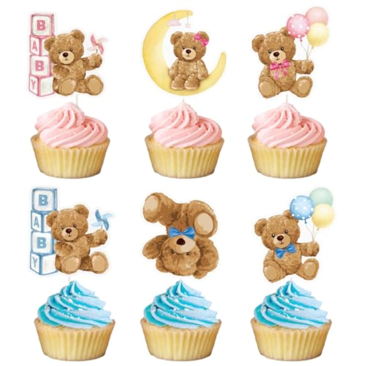 30Pcs Bear Gender Reveal Decorations Cupcake Toppers Bear Gender Reveal Cake Decorations Boy Girl Twins Baby Shower