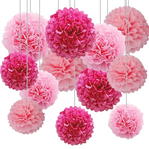 12pcs Hot Pink Tissue Paper Pom Poms,Hanging Paper Pompoms for Baby Shower Wedding Valentine's Day Engagement Birthday Party Decorations