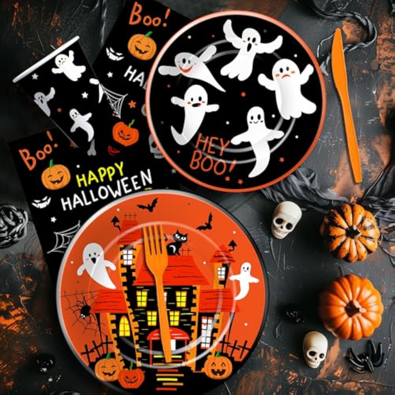 Halloween Party Tableware for Kids Birthday Baby Shower Pumpkin Ghost Plates Napkins Cups