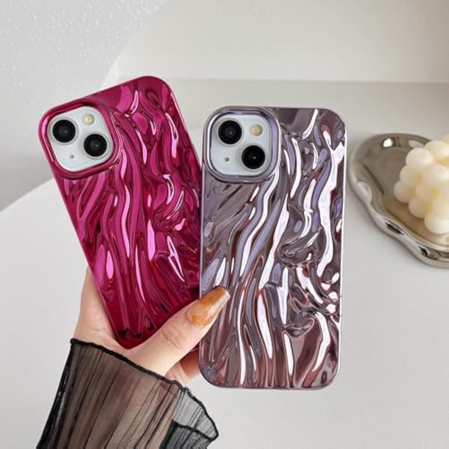 For Iphone 14 Case,Pleated Water Ripple Chrome Wave Pattern Soft Phone Case (Silver)