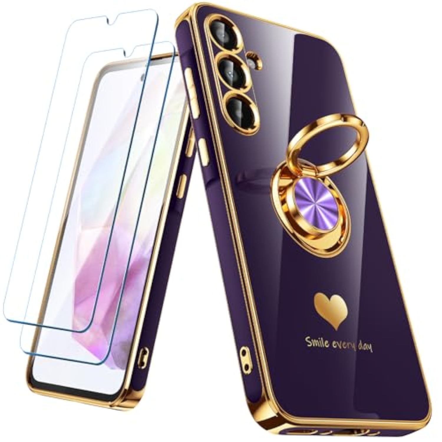 Samsung Galaxy A35 Case with 2 Screen Protectors, 360° Ring Holder, Purple